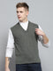 Men Olive Solid V Neck Sleeveless Sweater