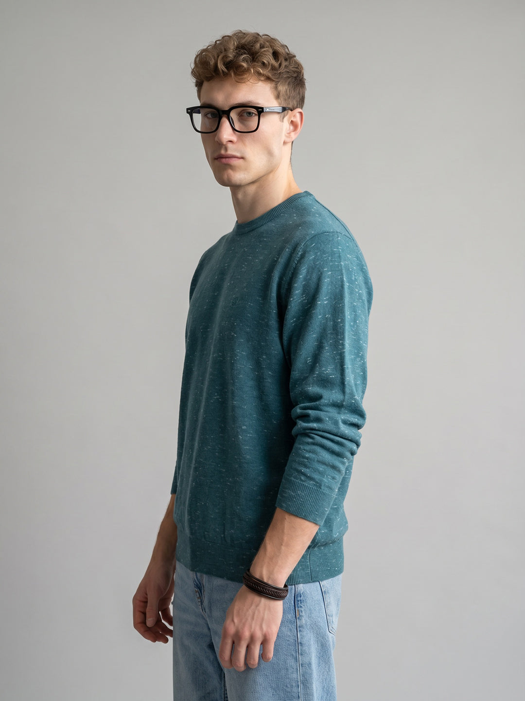 Men Blue Melange Round Neck Full Sleeve Pullover