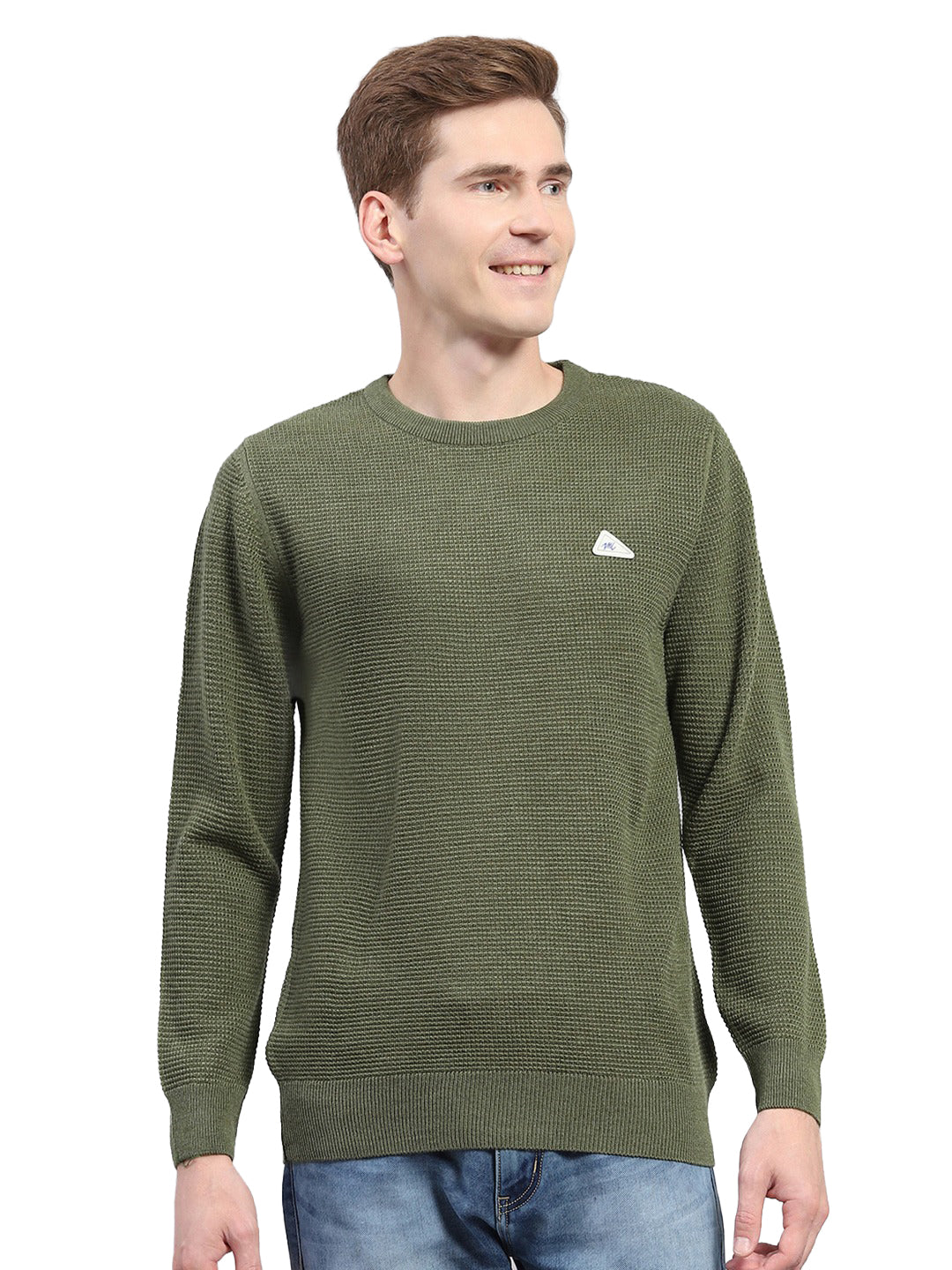Men Green Solid Round Neck Full Sleeve Pullover