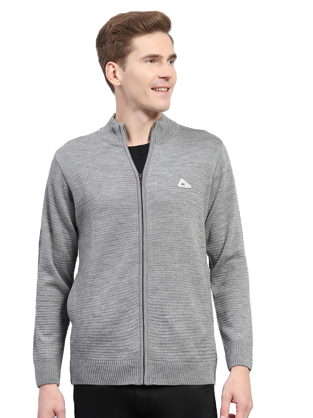 Men Grey Self Design Turtle Neck Full Sleeve Pullover