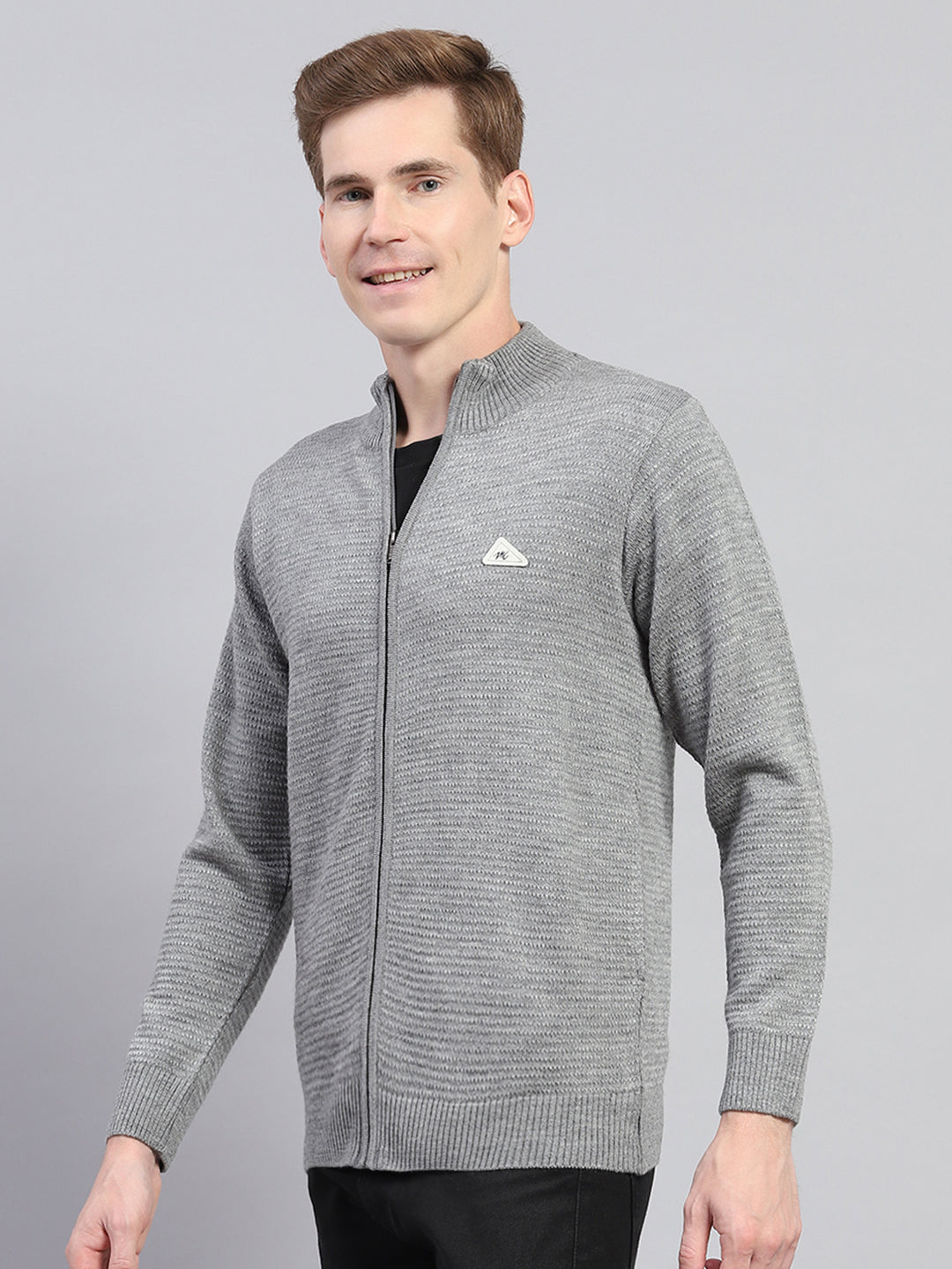 Men Grey Self Design Turtle Neck Full Sleeve Pullover
