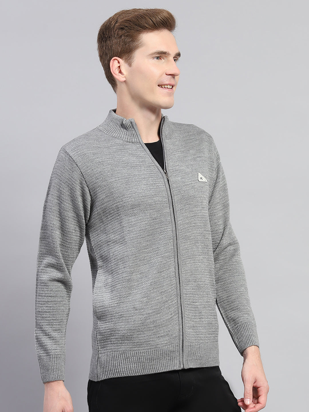 Men Grey Self Design Turtle Neck Full Sleeve Pullover