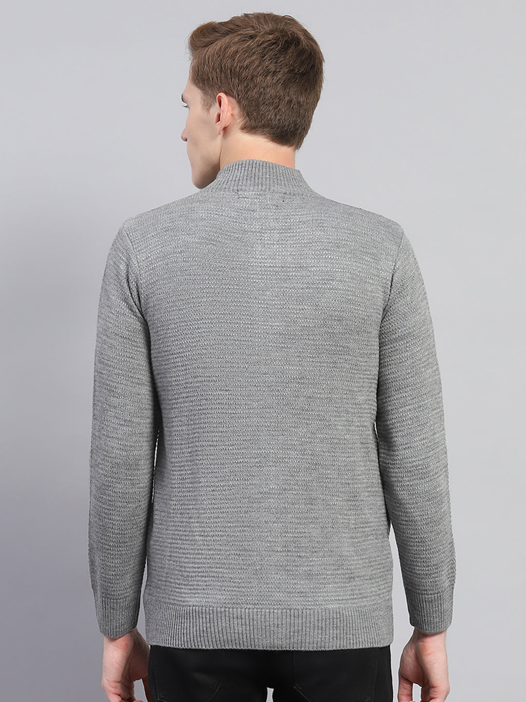 Men Grey Self Design Turtle Neck Full Sleeve Pullover