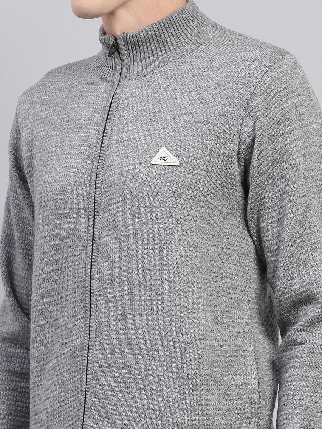 Men Grey Self Design Turtle Neck Full Sleeve Pullover