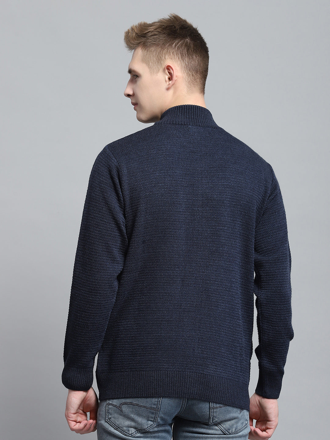 Men Navy Blue Solid V Neck Full Sleeve Pullover