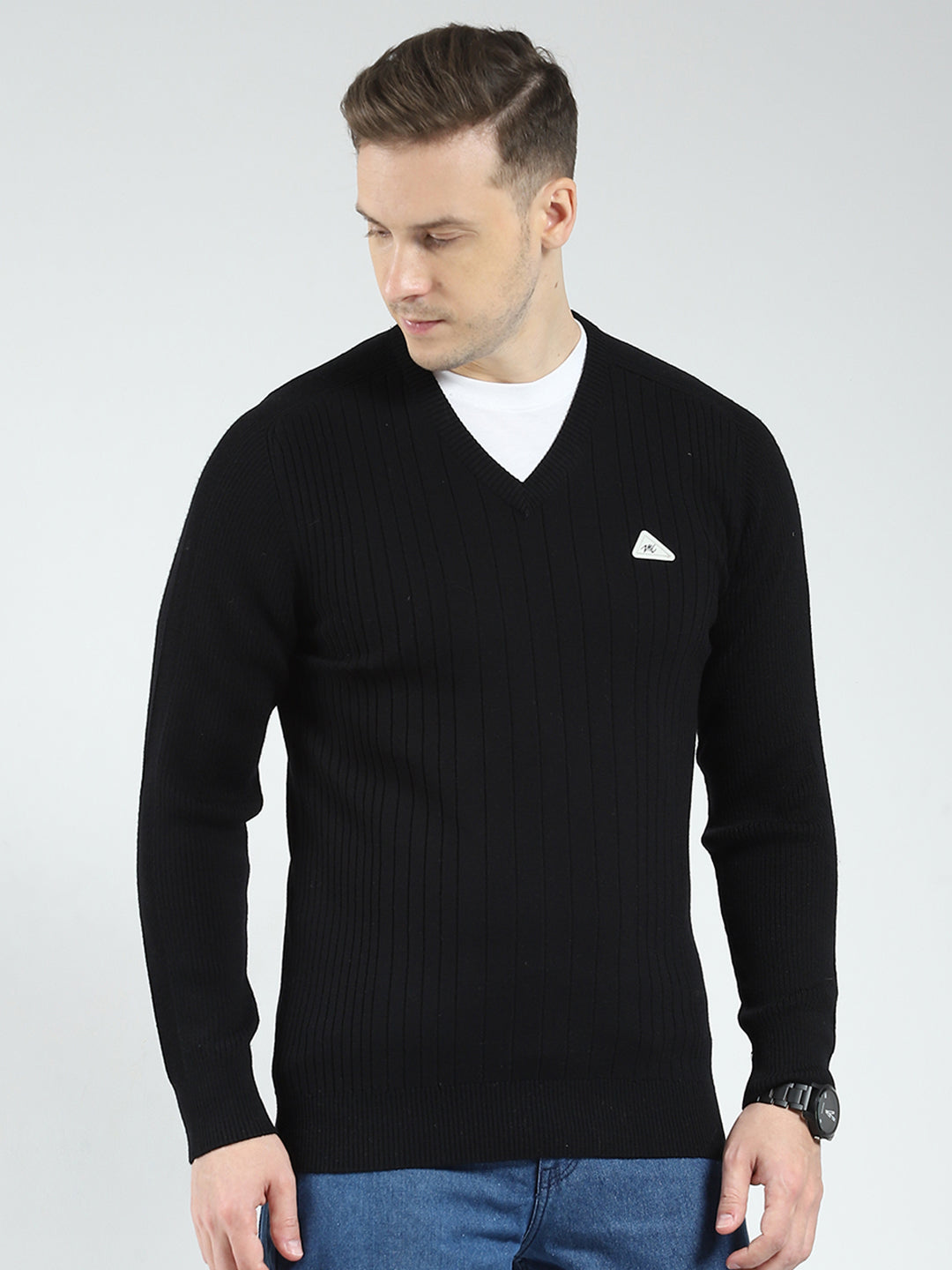 Men Black Solid V Neck Full Sleeve Pullover