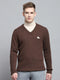 Men Brown Solid V Neck Full Sleeve Pullover