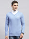 Men Sky Blue Solid V Neck Full Sleeve Pullover