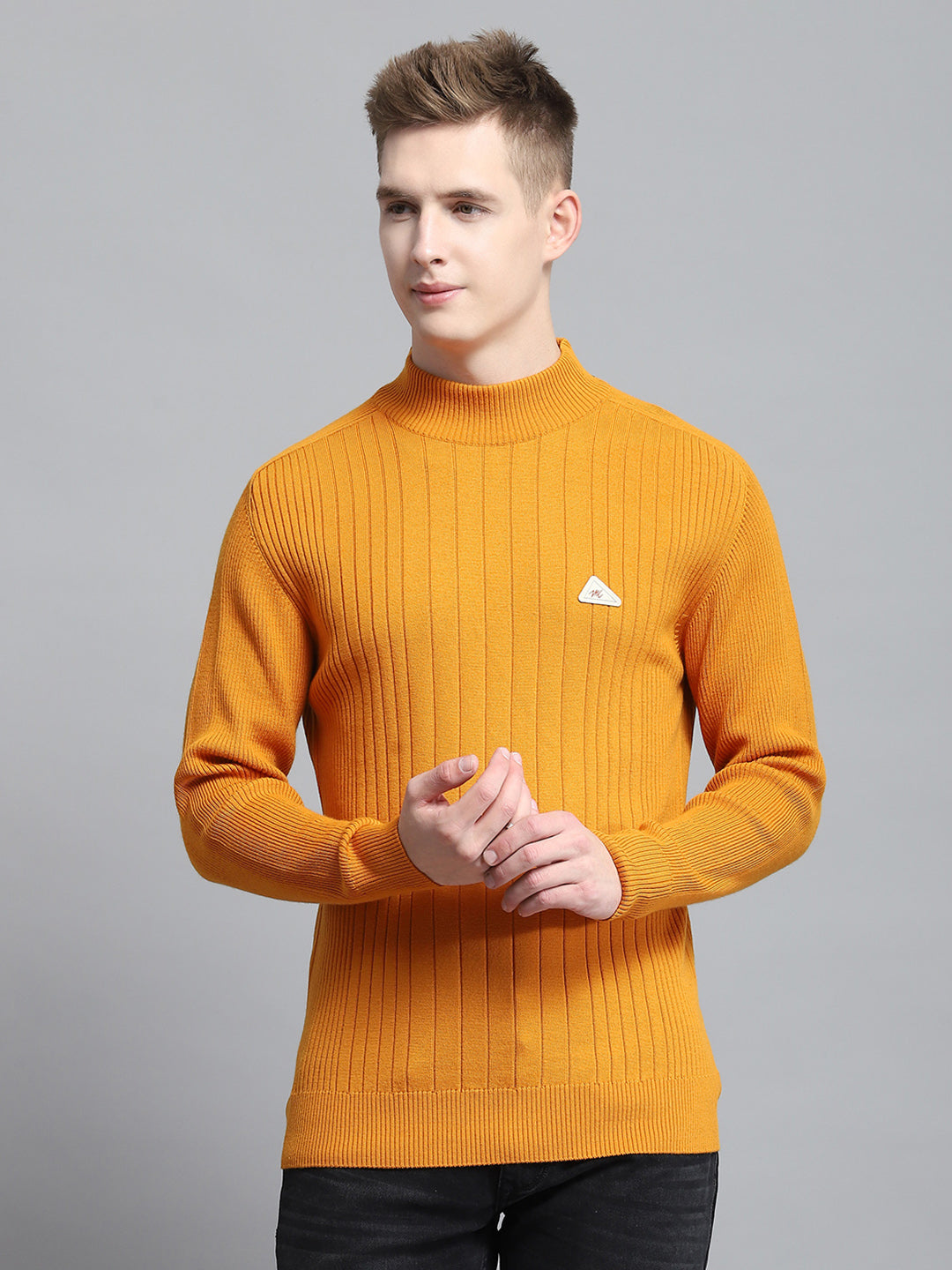 Men Mustard Solid Mock Neck Full Sleeve Pullover