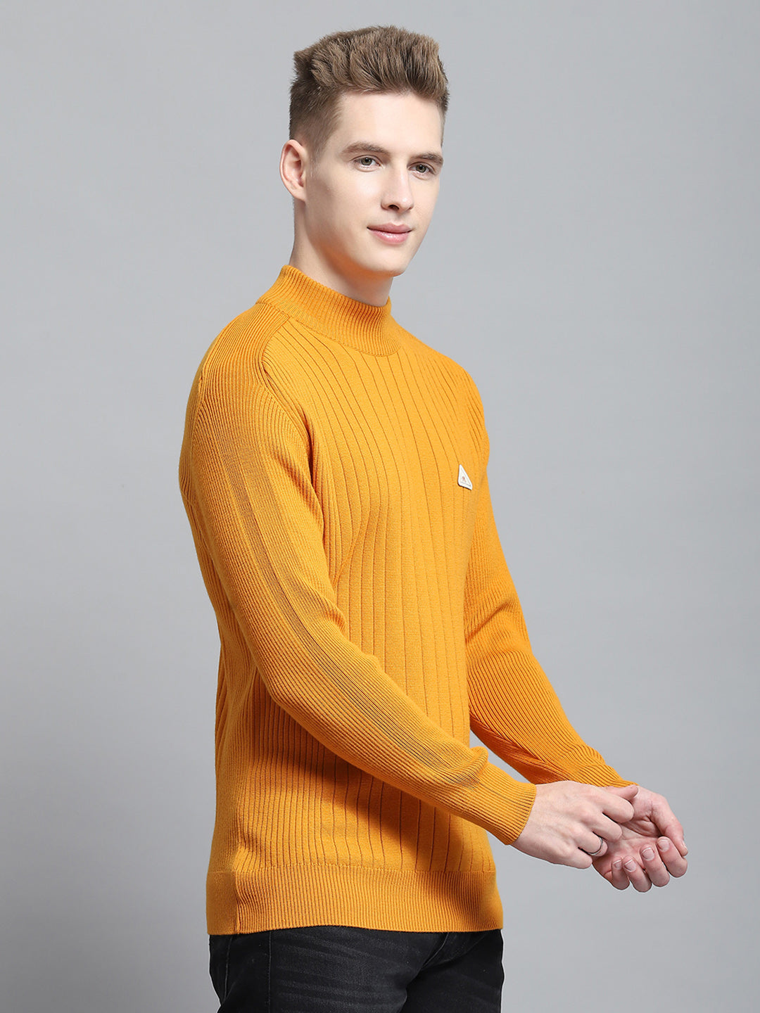 Men Mustard Solid Mock Neck Full Sleeve Pullover