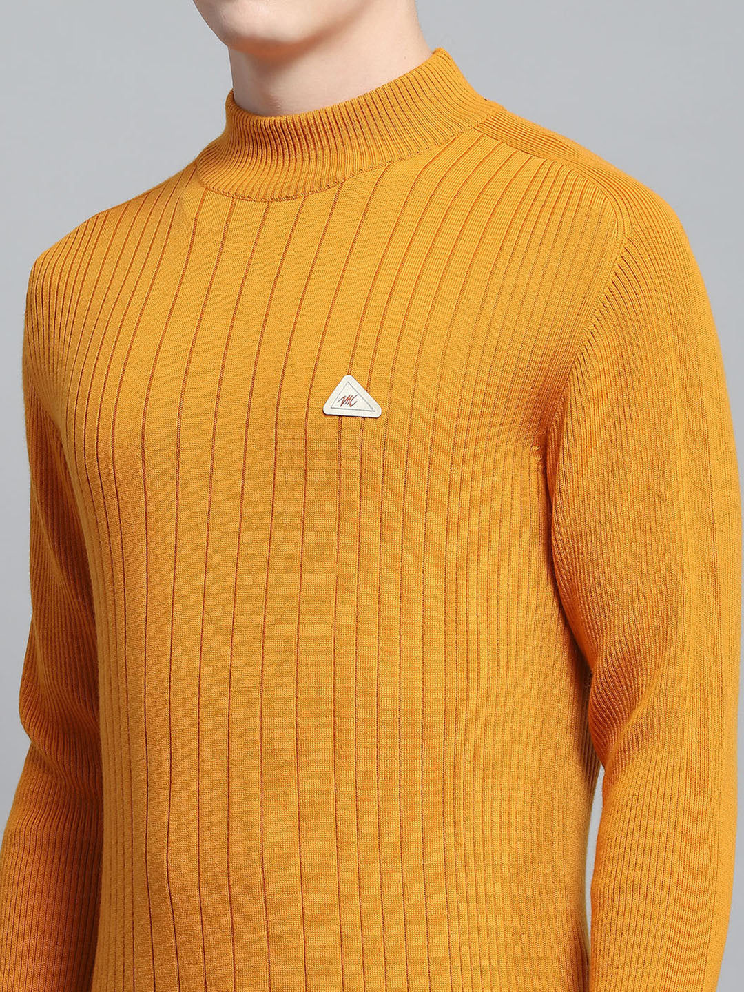 Men Mustard Solid Mock Neck Full Sleeve Pullover