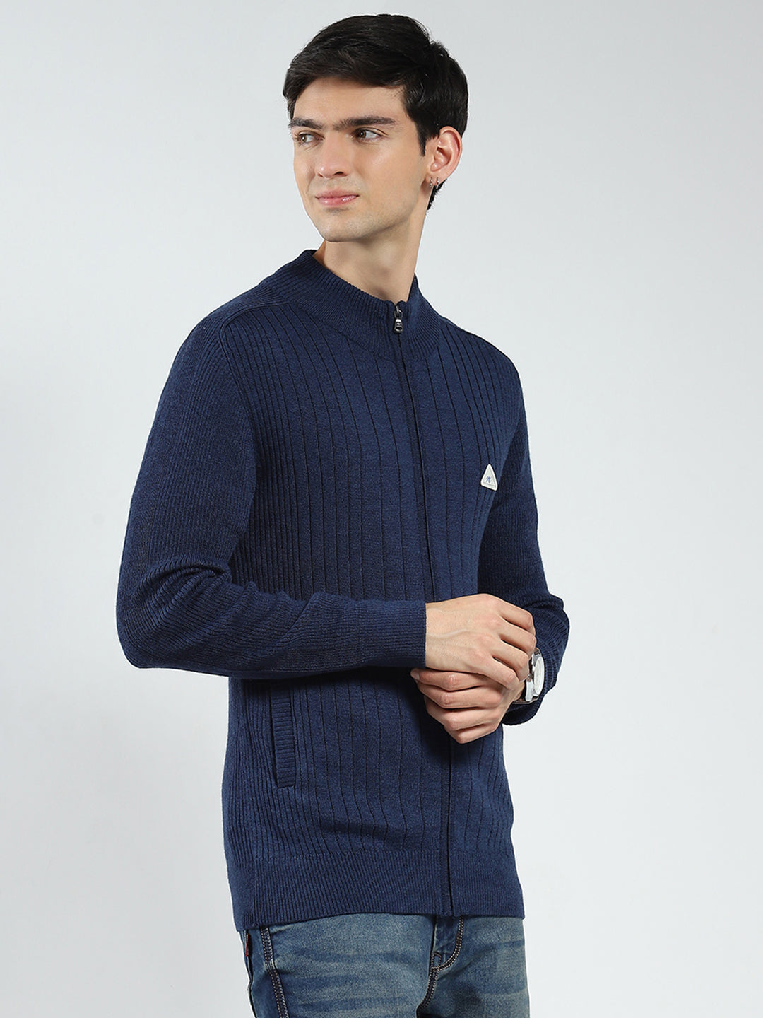 Men Navy Blue Solid Band Neck Full Sleeve Pullover