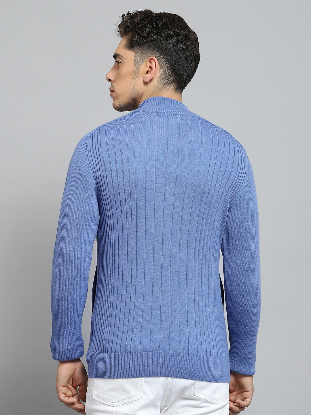 Men Blue Solid Round Neck Full Sleeve Pullover