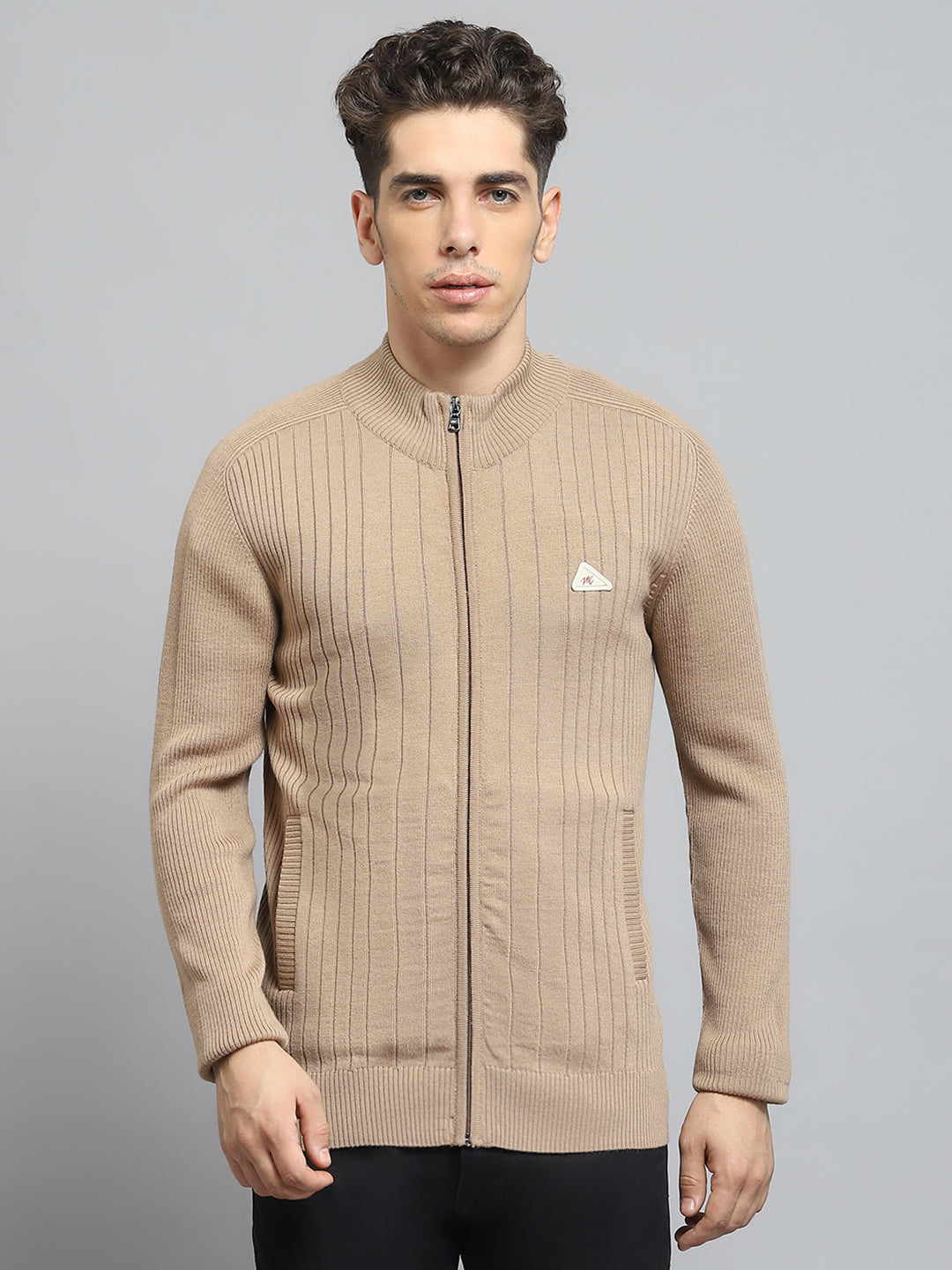 Men Camel Brown Solid Mock Neck Full Sleeve Pullover