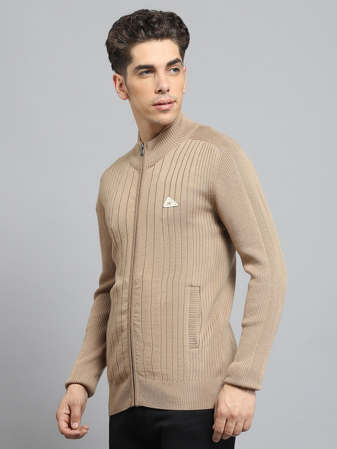 Men Camel Brown Solid Mock Neck Full Sleeve Pullover