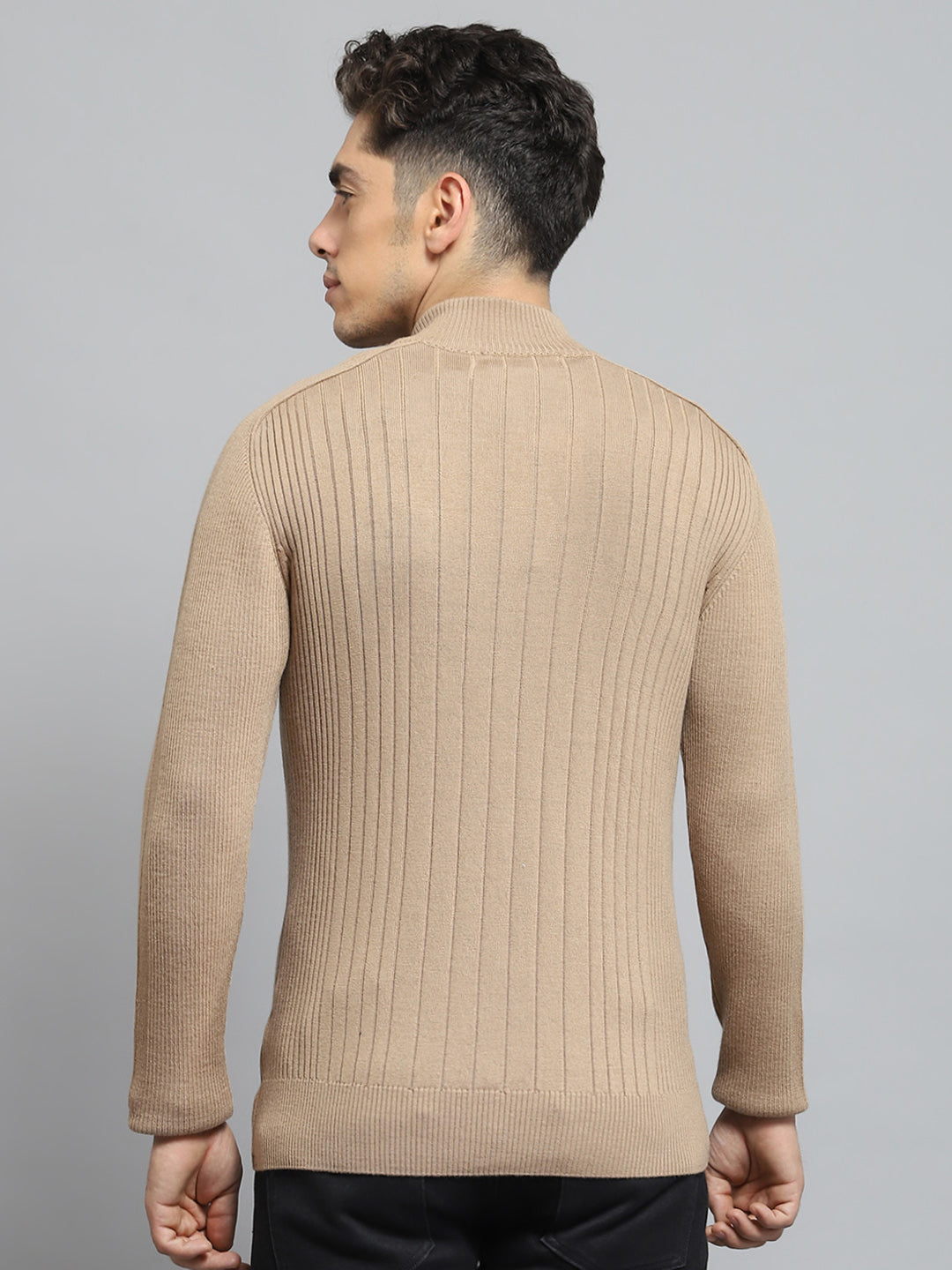 Men Camel Brown Solid Mock Neck Full Sleeve Pullover