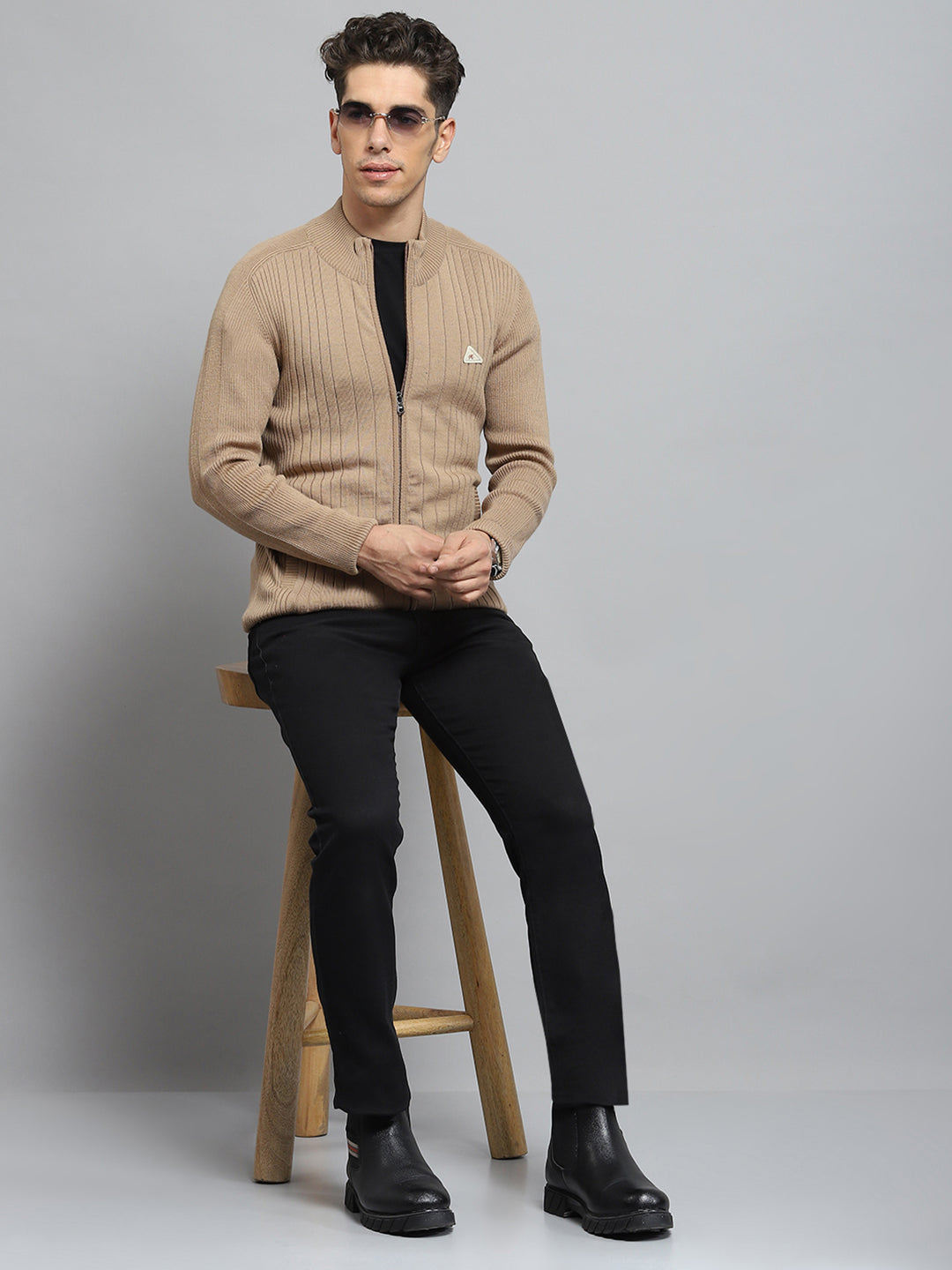 Men Camel Brown Solid Mock Neck Full Sleeve Pullover