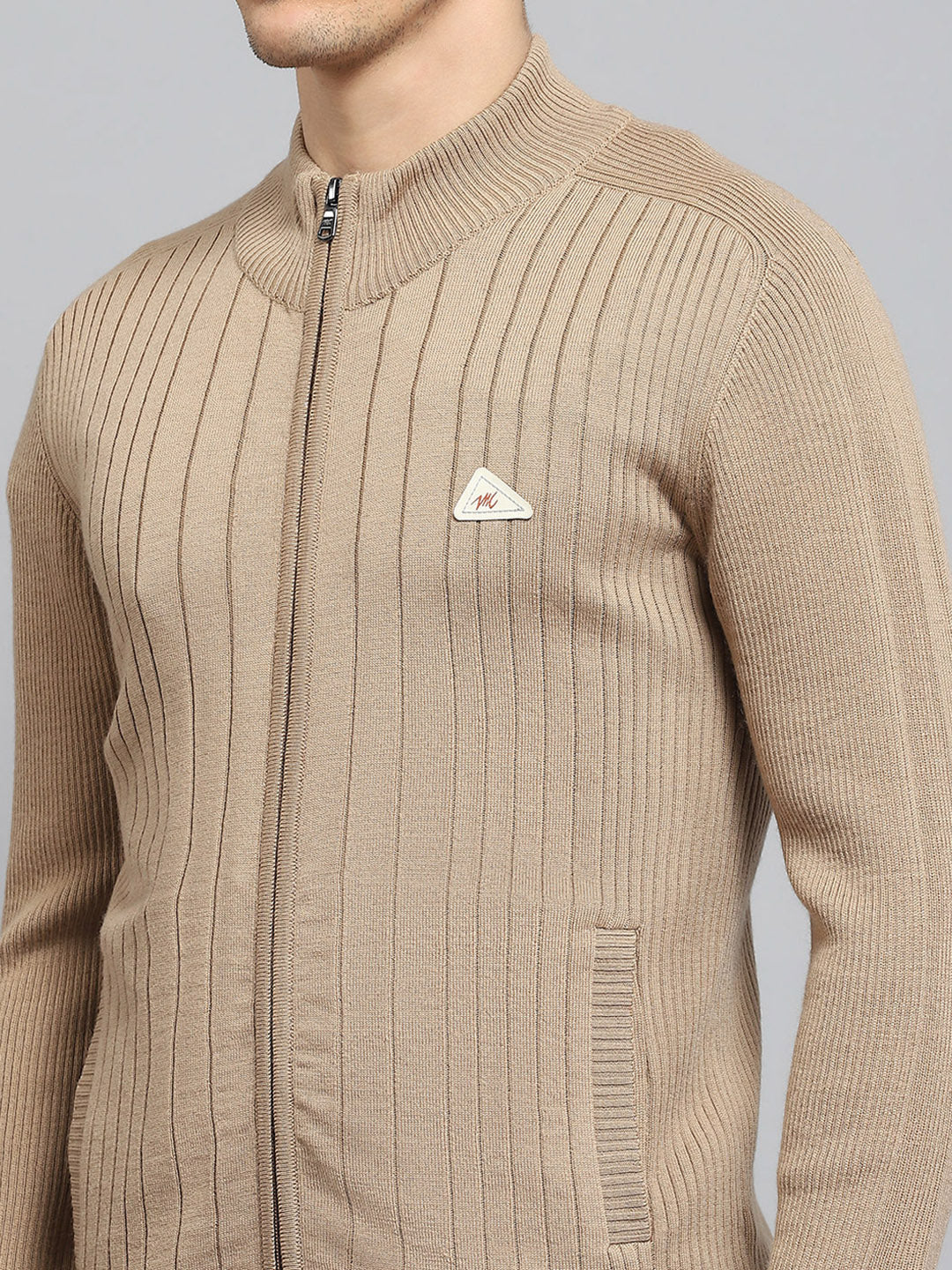 Men Camel Brown Solid Mock Neck Full Sleeve Pullover