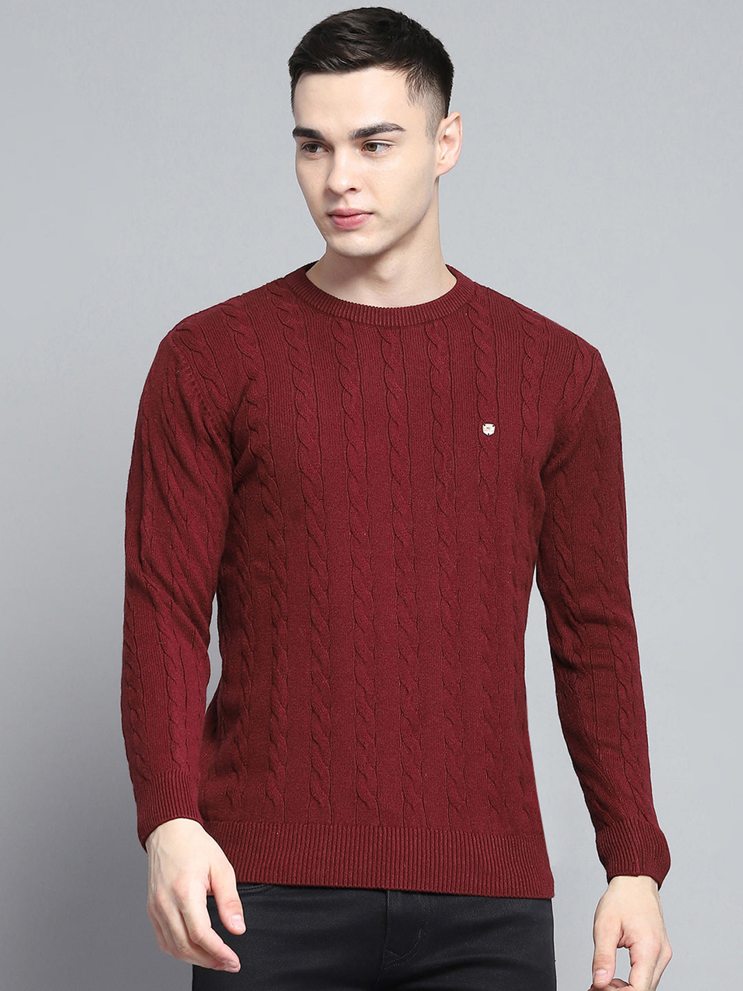Men Maroon Solid Round Neck Full Sleeve Pullover