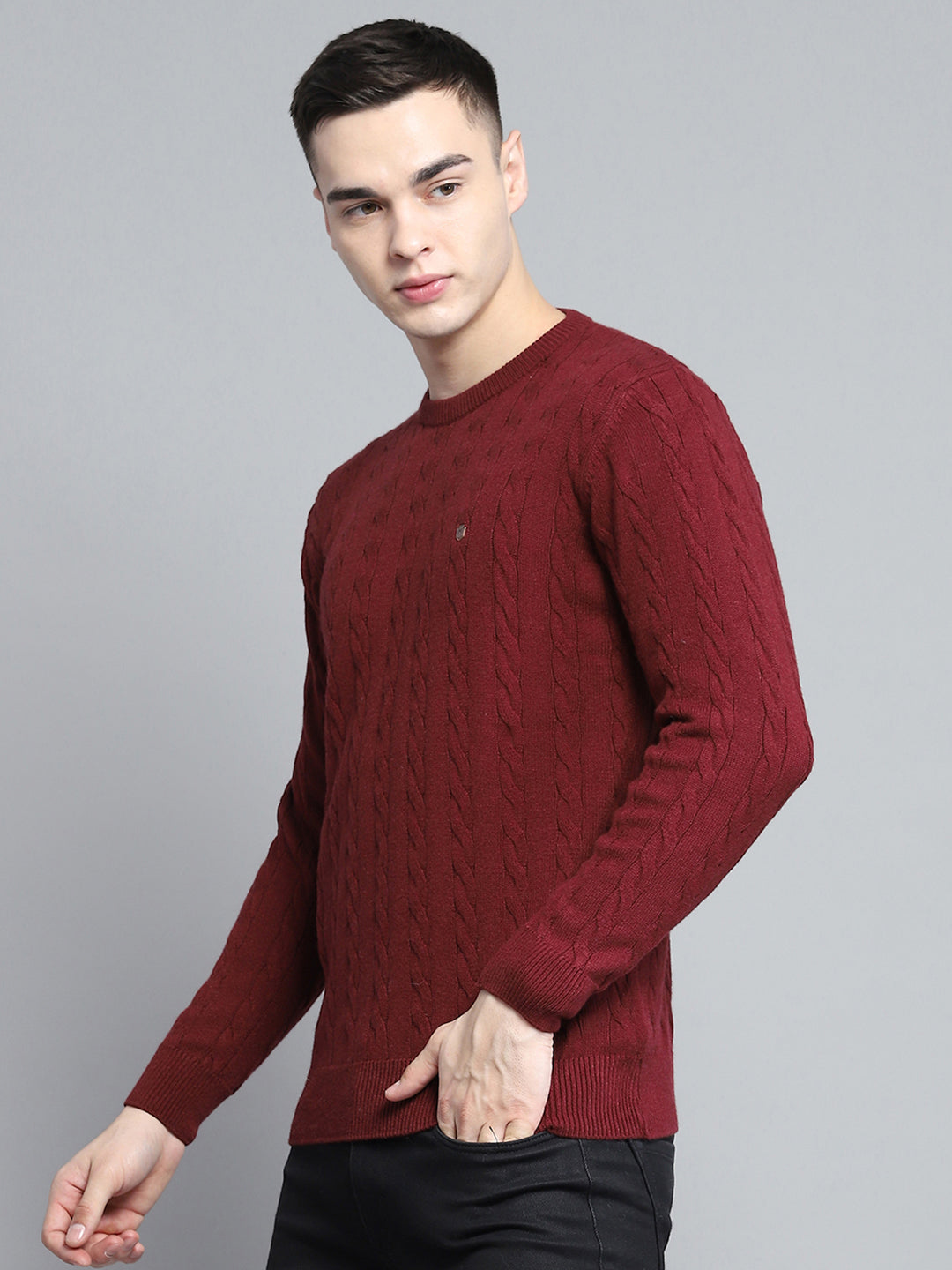 Men Maroon Solid Round Neck Full Sleeve Pullover