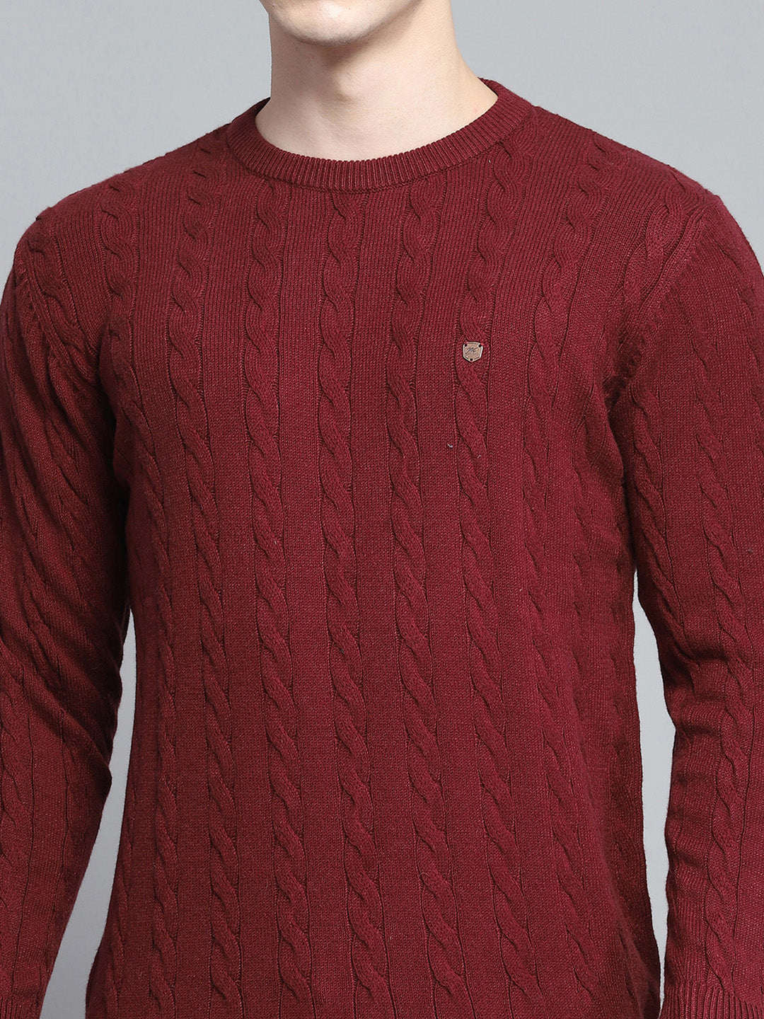Men Maroon Solid Round Neck Full Sleeve Pullover