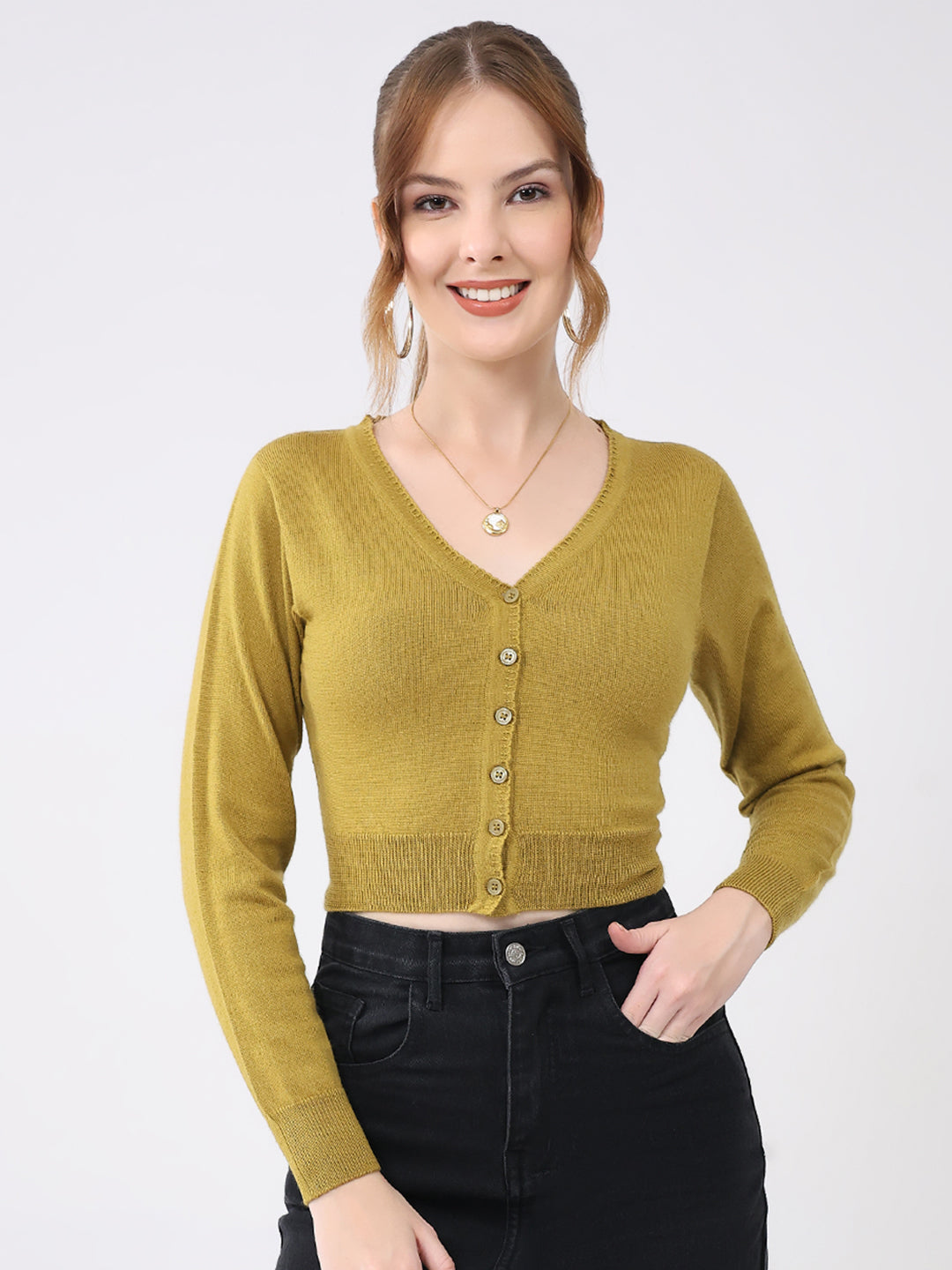 Women Mustard Solid V Neck Full Sleeve Cardigan