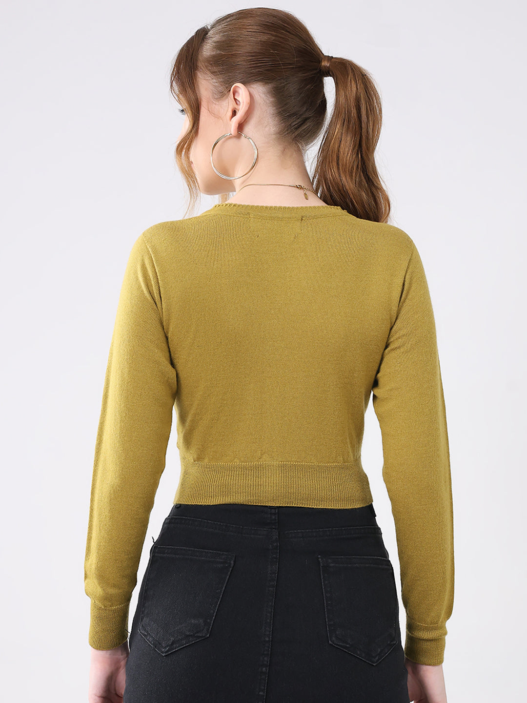 Women Mustard Solid V Neck Full Sleeve Cardigan