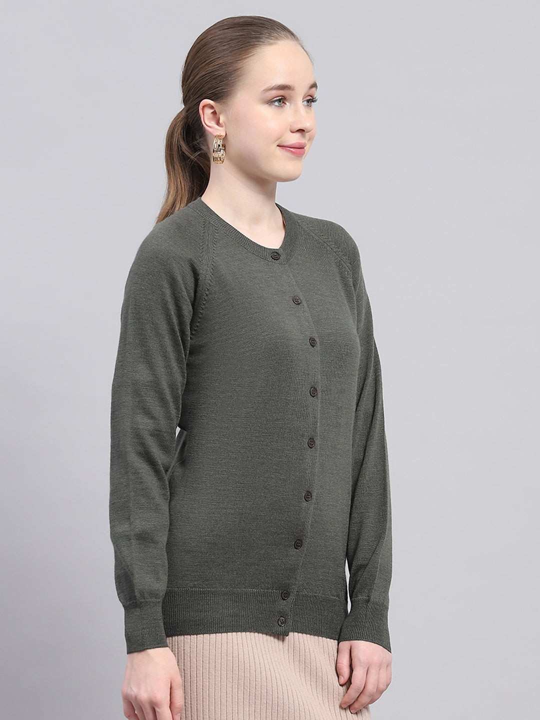Women Olive Solid Round Neck Full Sleeve Cardigan