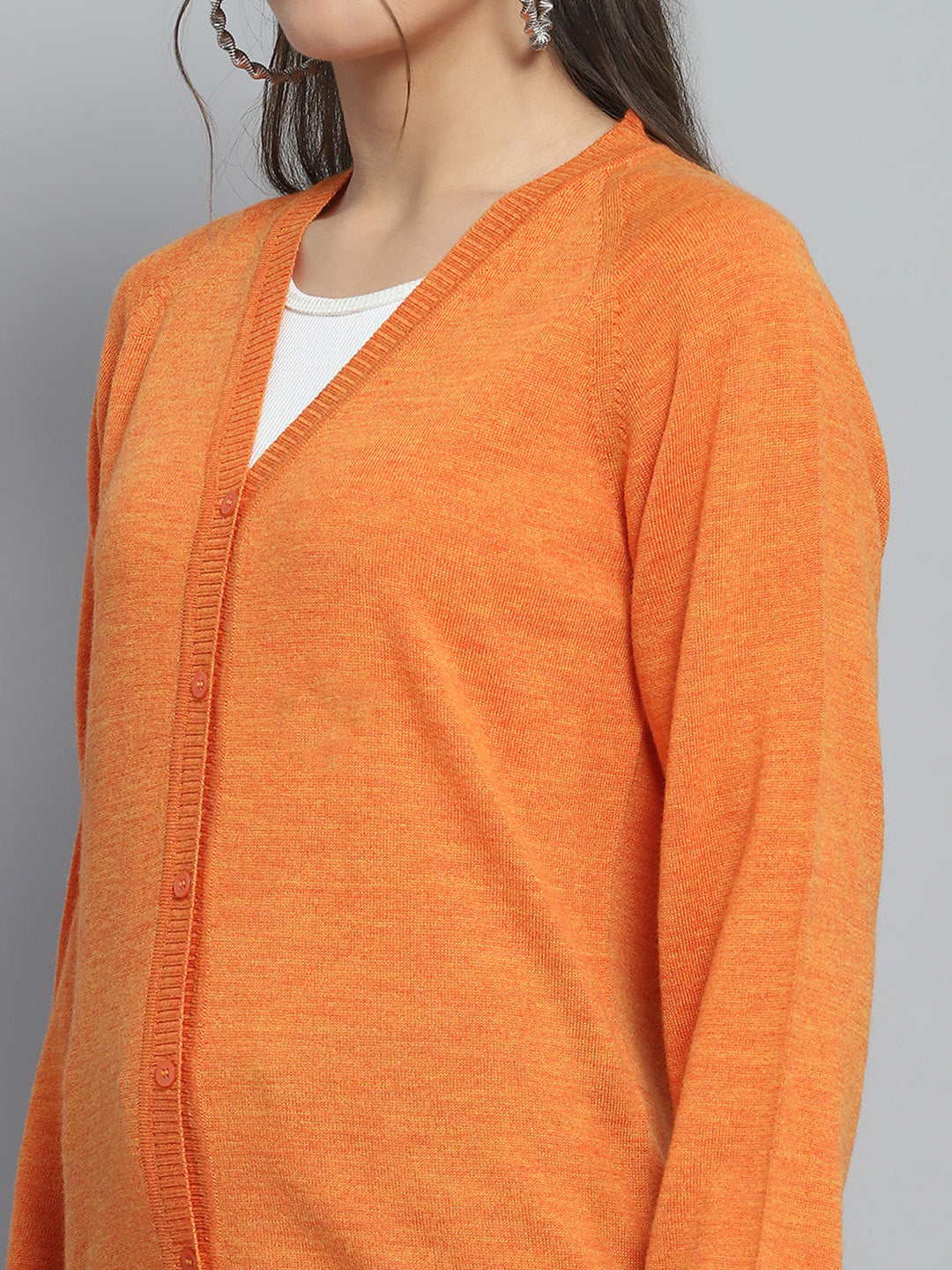 Women Orange Solid V Neck Full Sleeve Cardigan