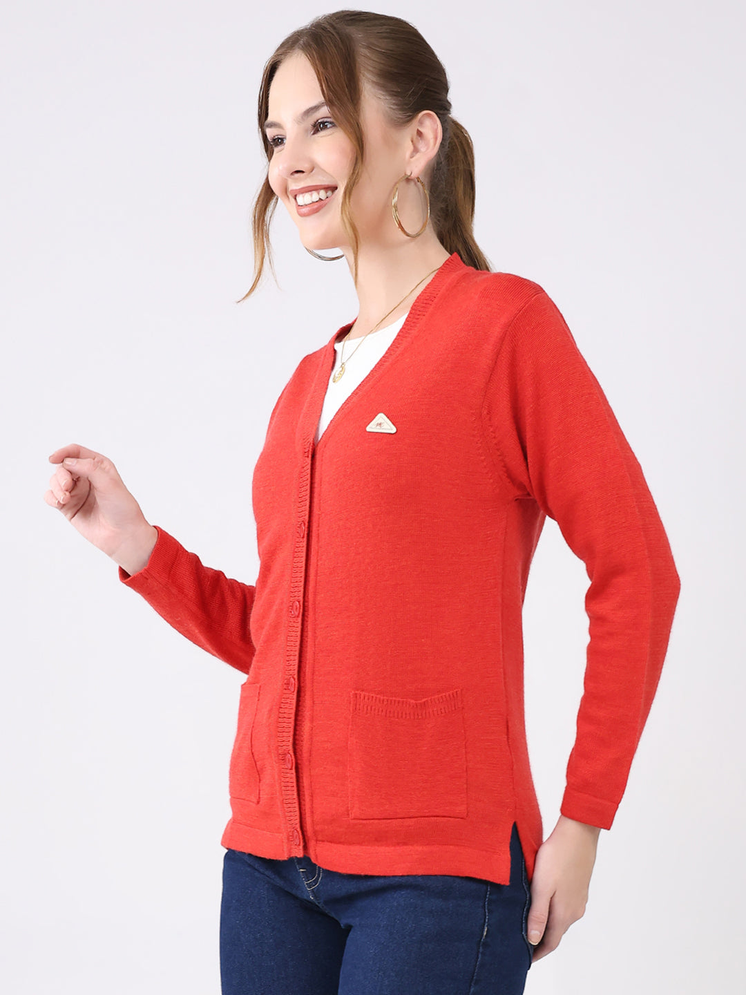 Women Red Solid V Neck Full Sleeve Cardigan