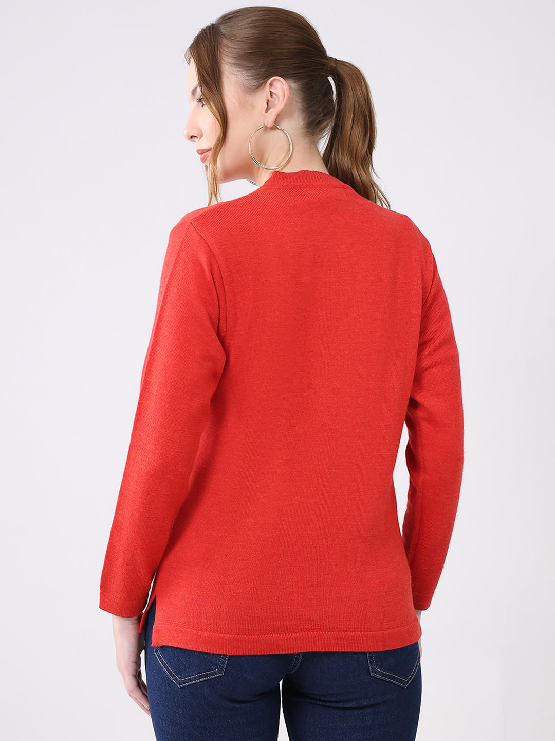 Women Red Solid V Neck Full Sleeve Cardigan
