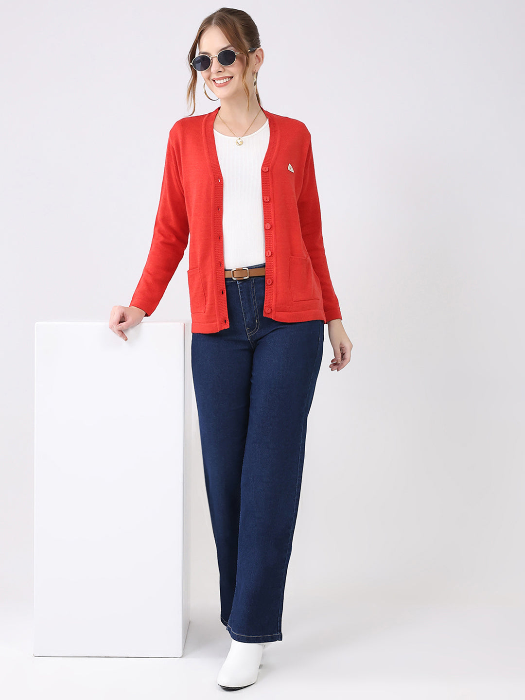 Women Red Solid V Neck Full Sleeve Cardigan