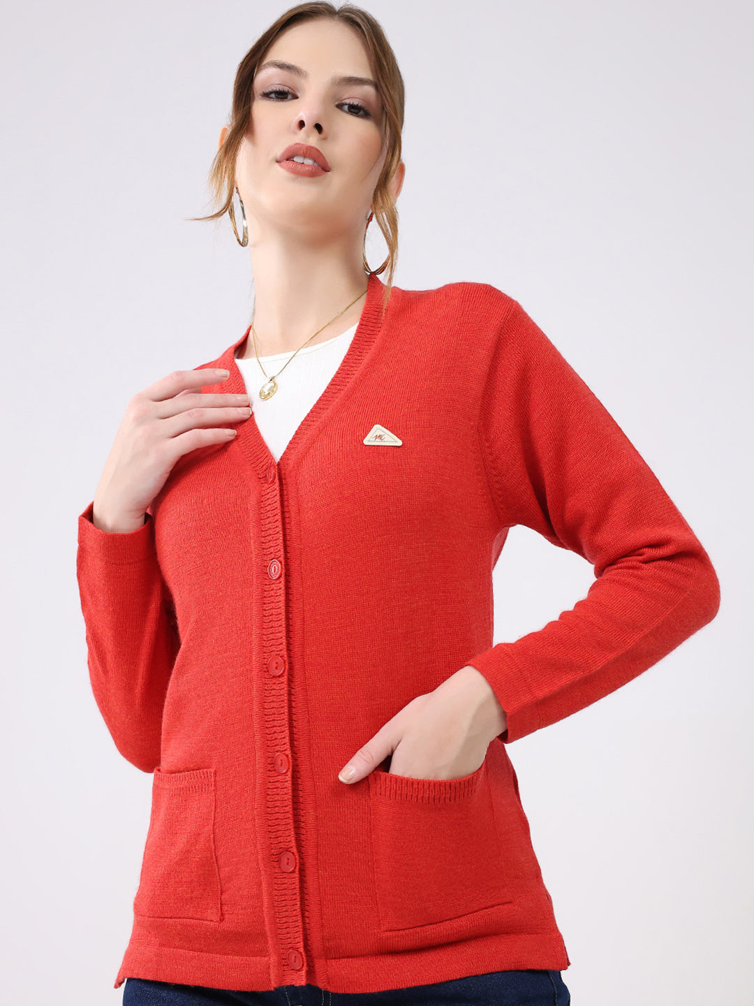 Women Red Solid V Neck Full Sleeve Cardigan