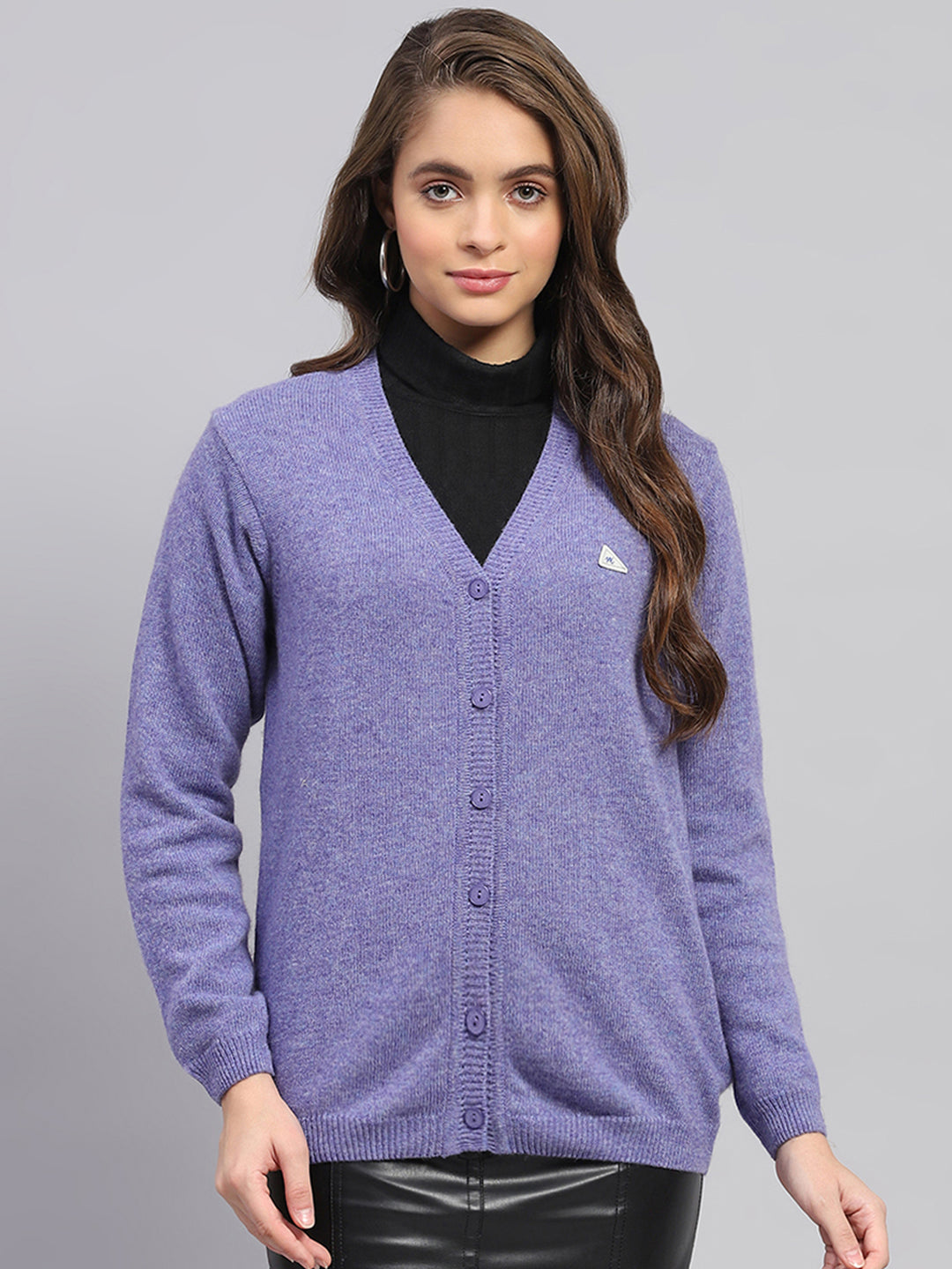 Women Purple Solid V Neck Full Sleeve Cardigan