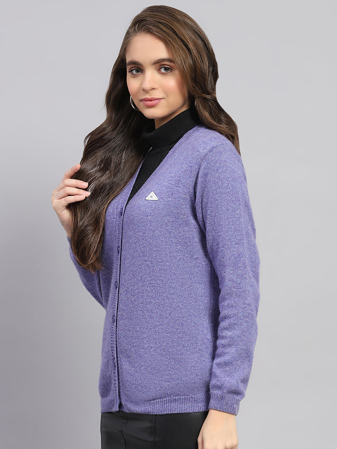 Women Purple Solid V Neck Full Sleeve Cardigan