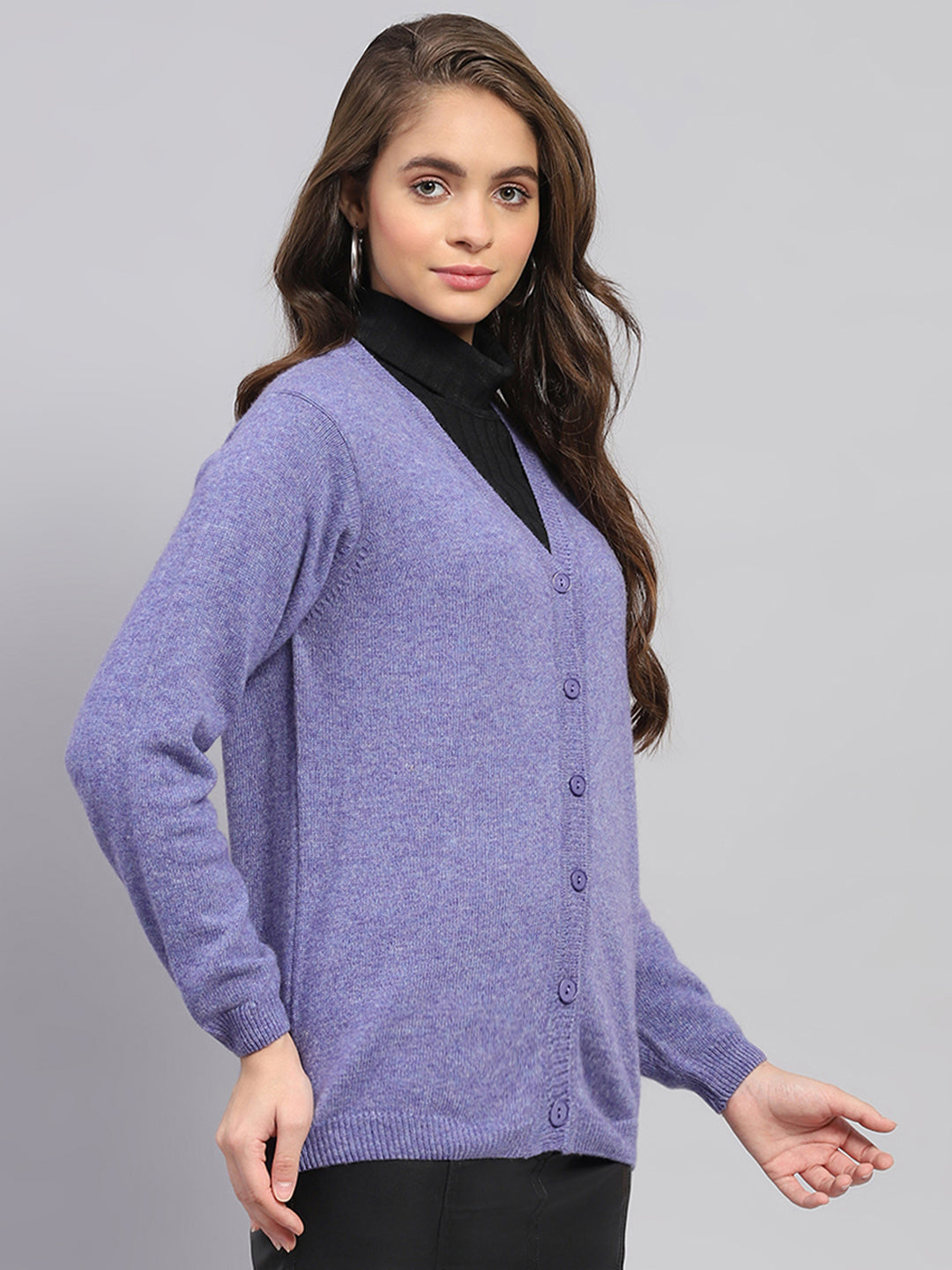 Women Purple Solid V Neck Full Sleeve Cardigan