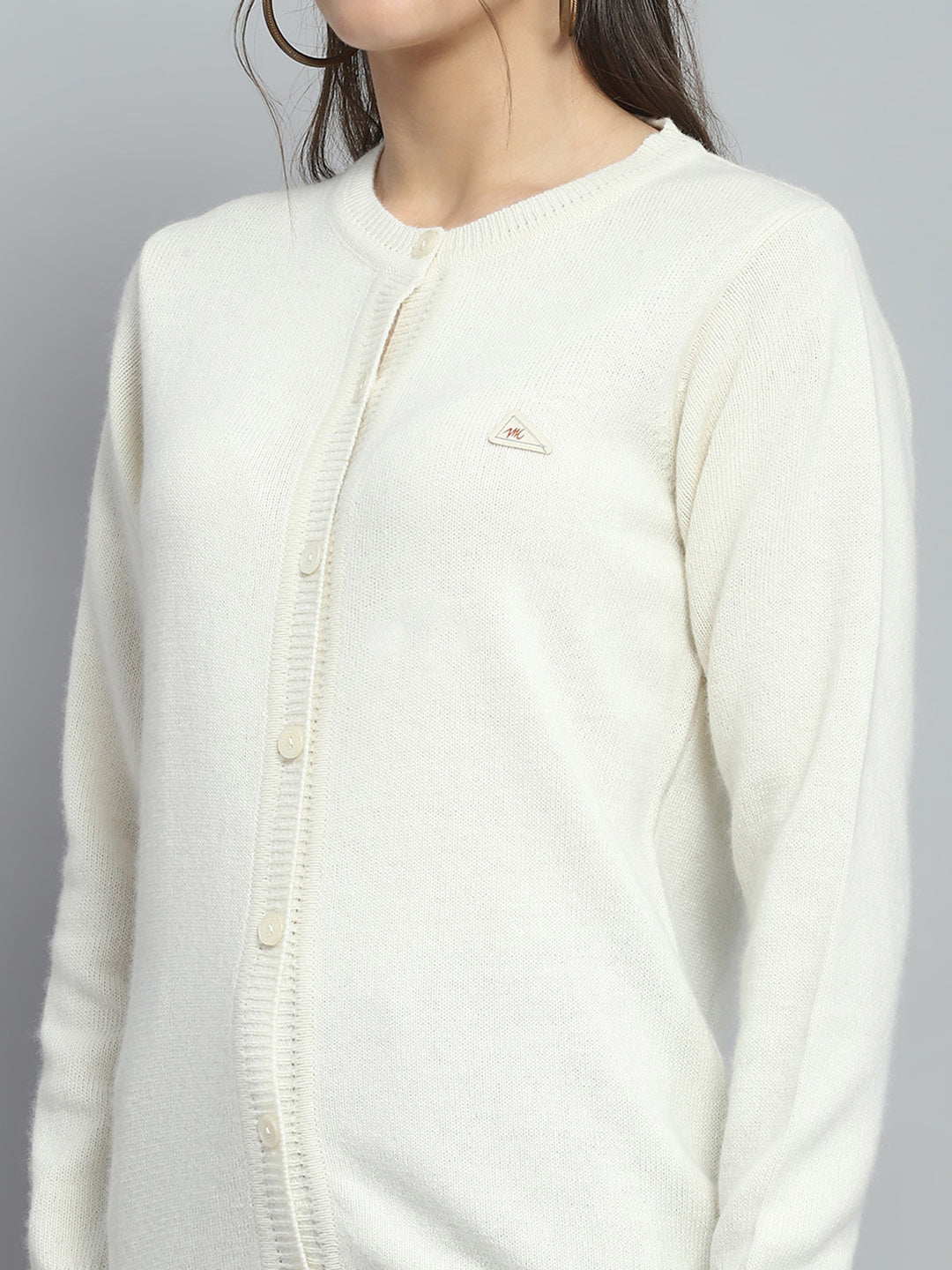 Women Off White Solid Round Neck Full Sleeve Cardigan