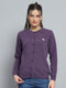Women Purple Solid Round Neck Full Sleeve Cardigan