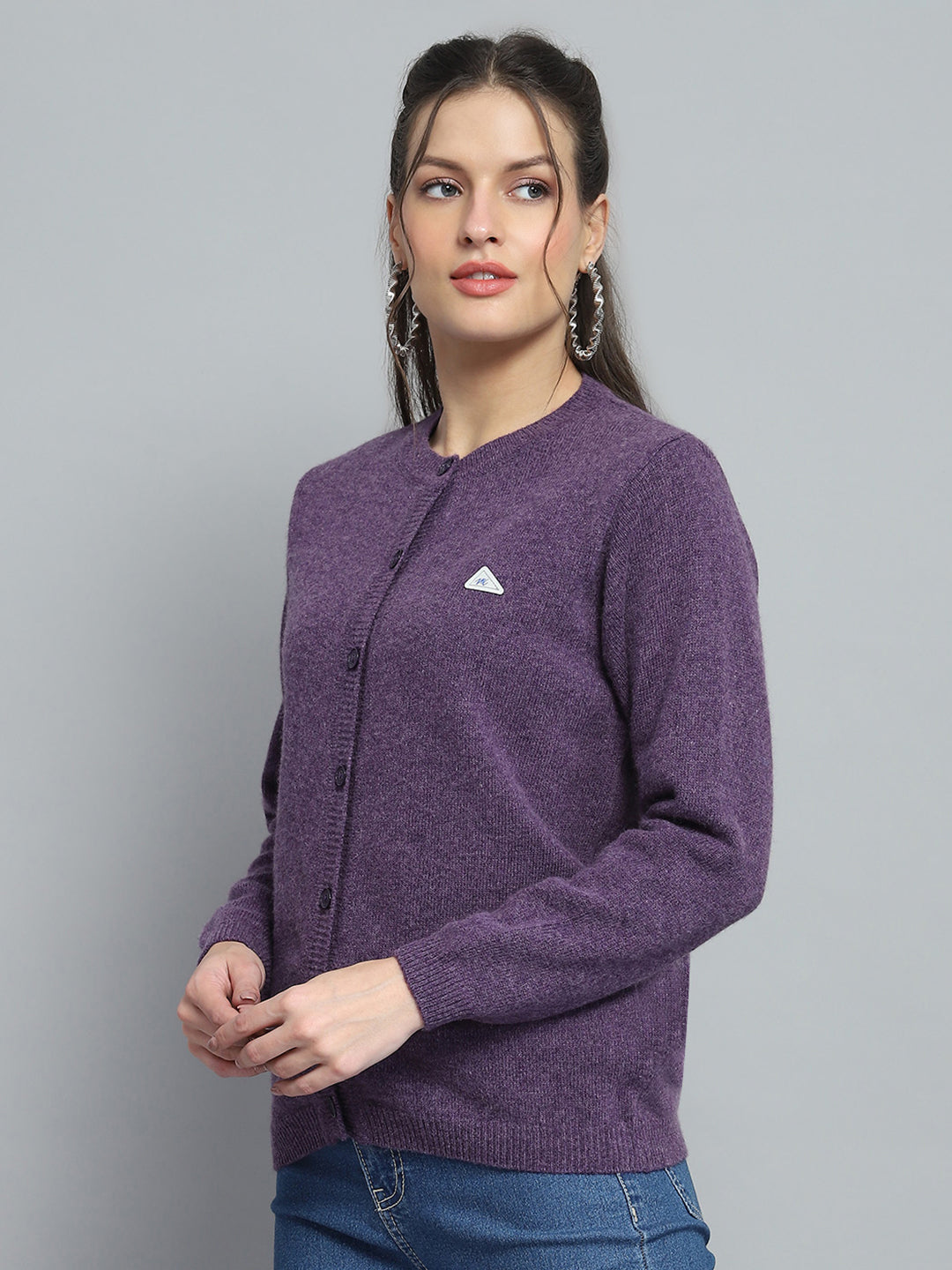 Women Purple Solid Round Neck Full Sleeve Cardigan