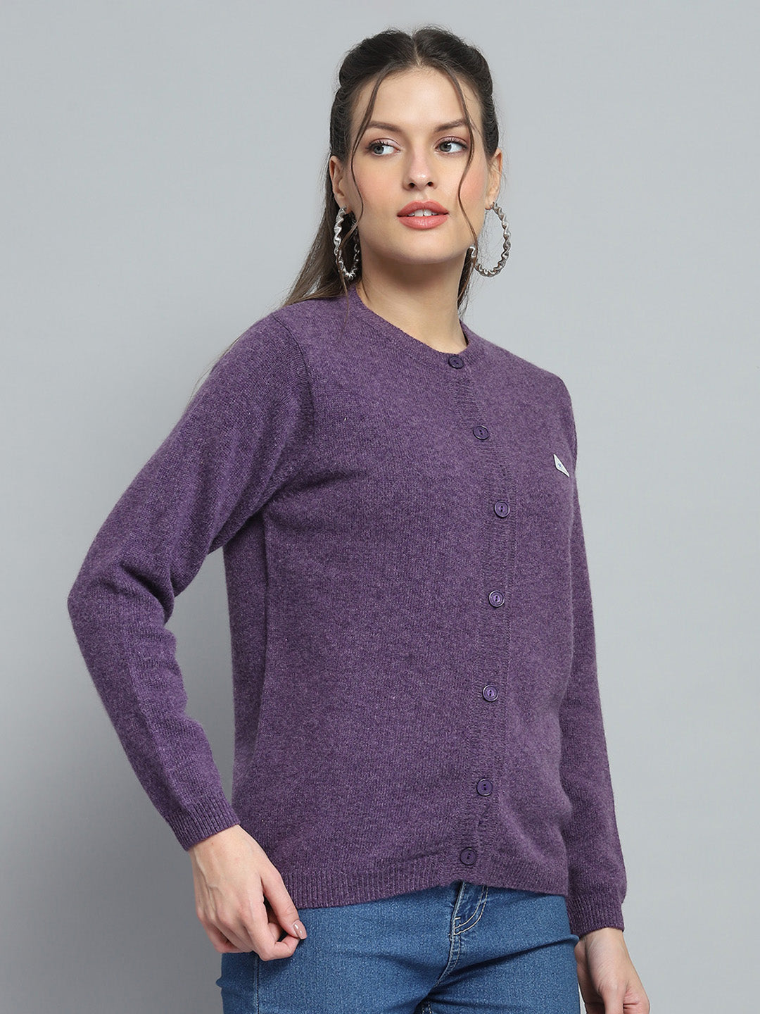 Women Purple Solid Round Neck Full Sleeve Cardigan