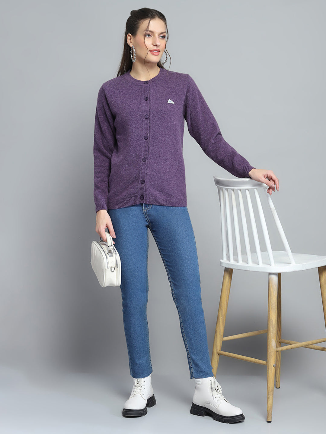 Women Purple Solid Round Neck Full Sleeve Cardigan