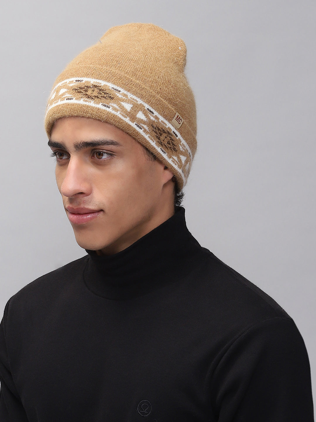 Men Camel Brown Self Design Cap