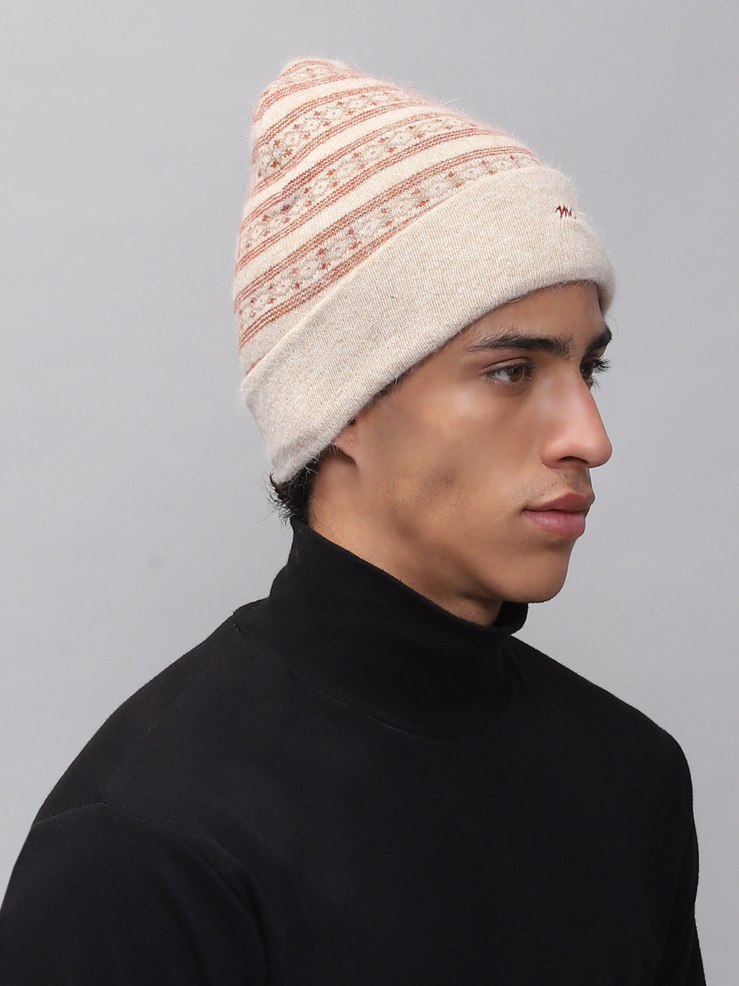 Men Cream Self Design Cap