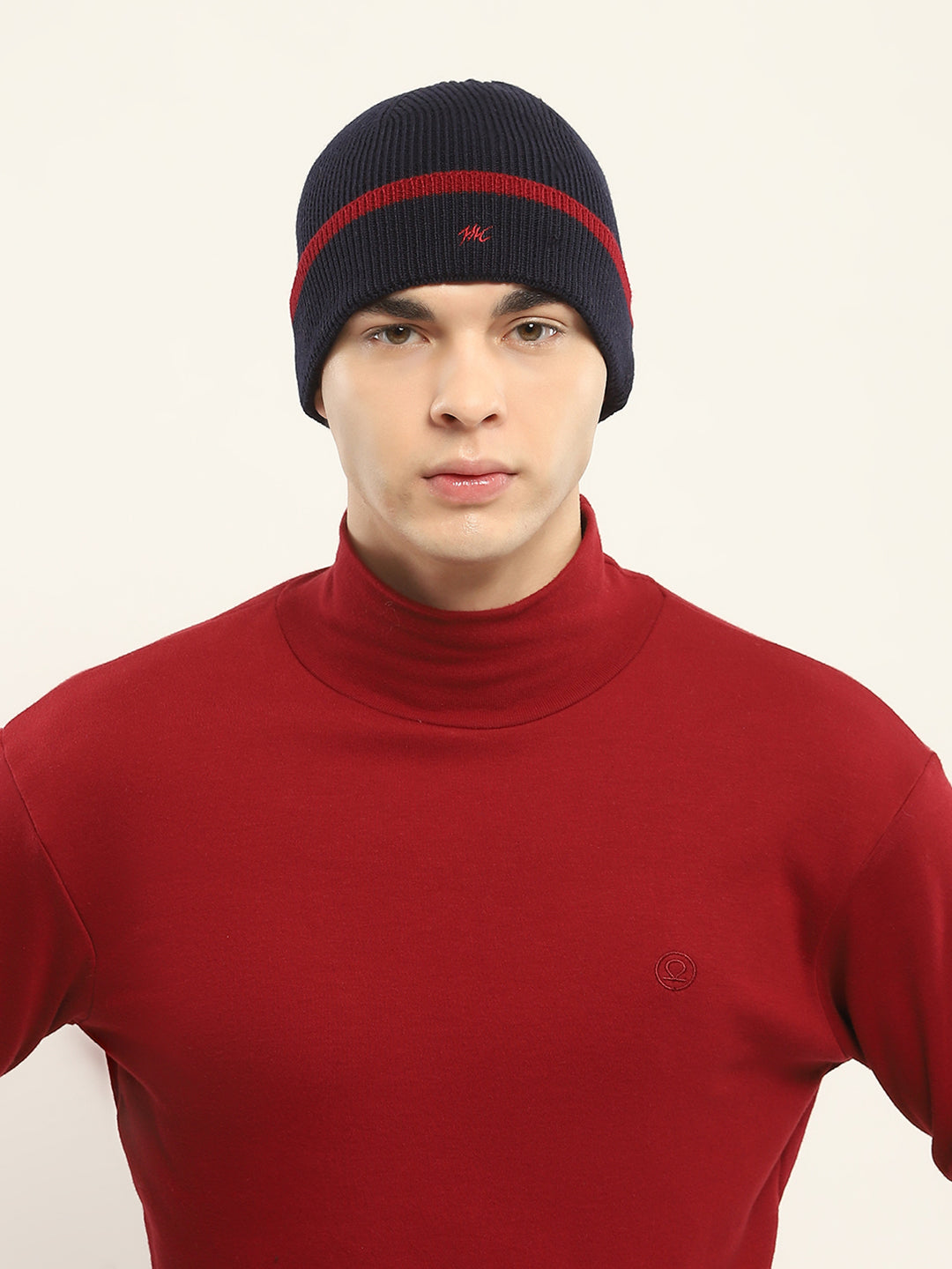 Men Navy Blue Self Design Cap