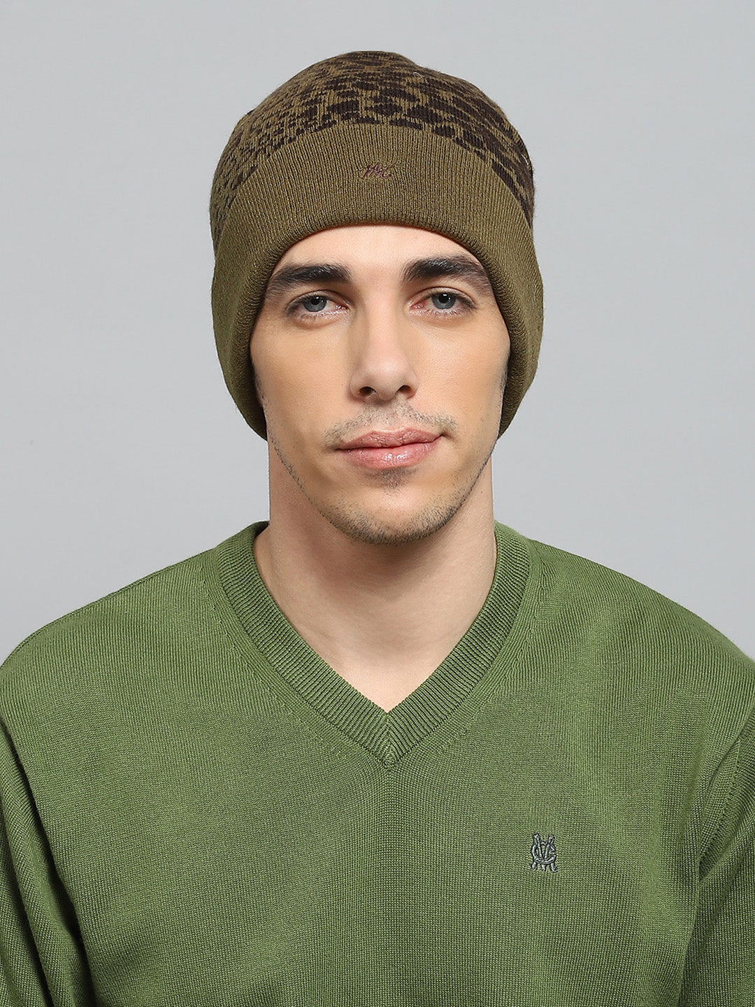 Men Olive Self Design Cap