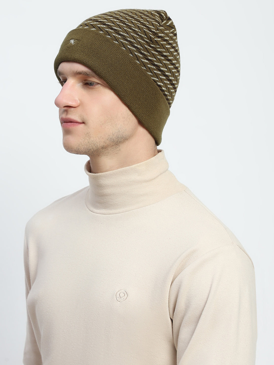 Men Olive Self Design Cap