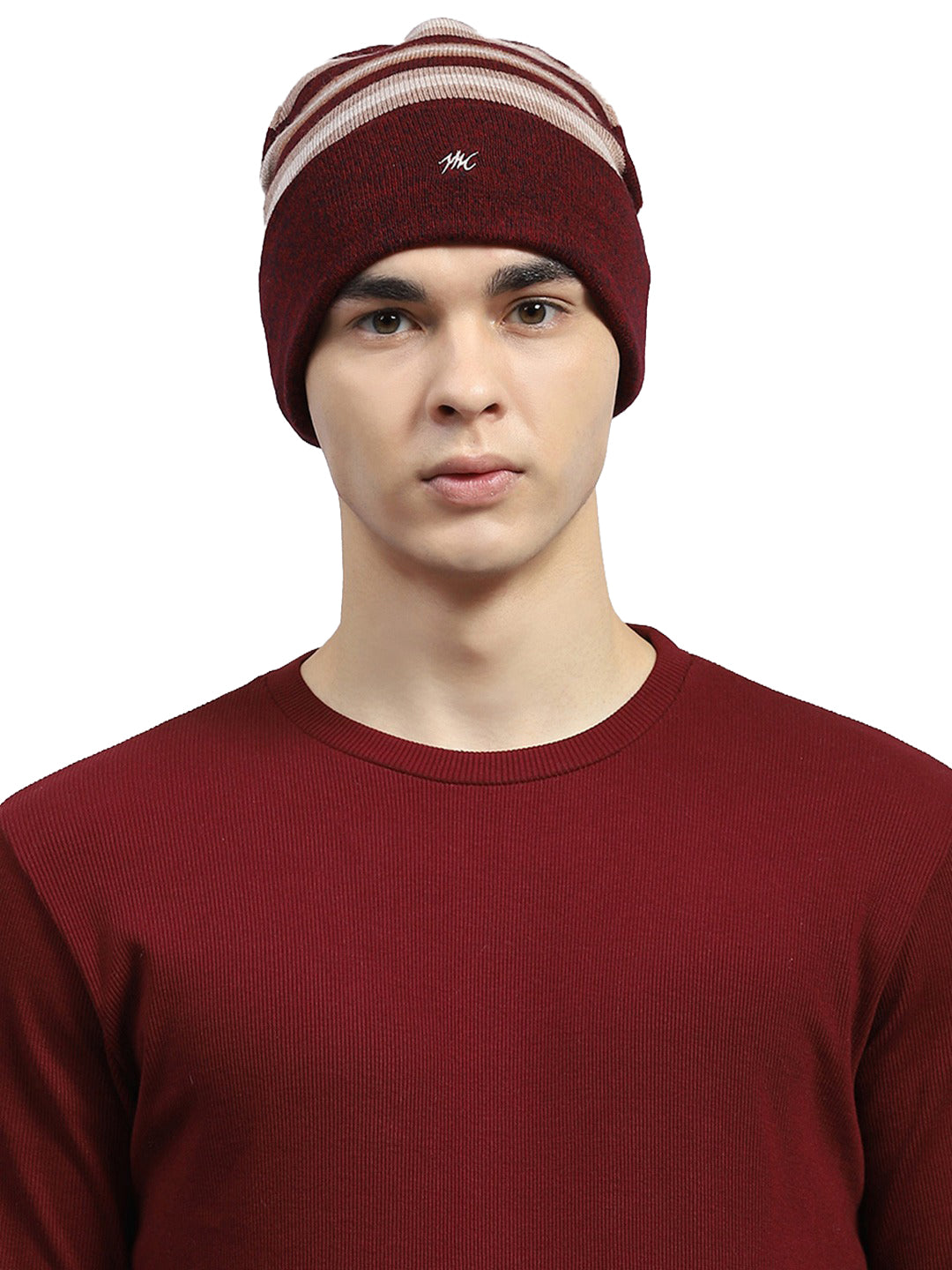 Men Red Self Design Blend Wool Cap