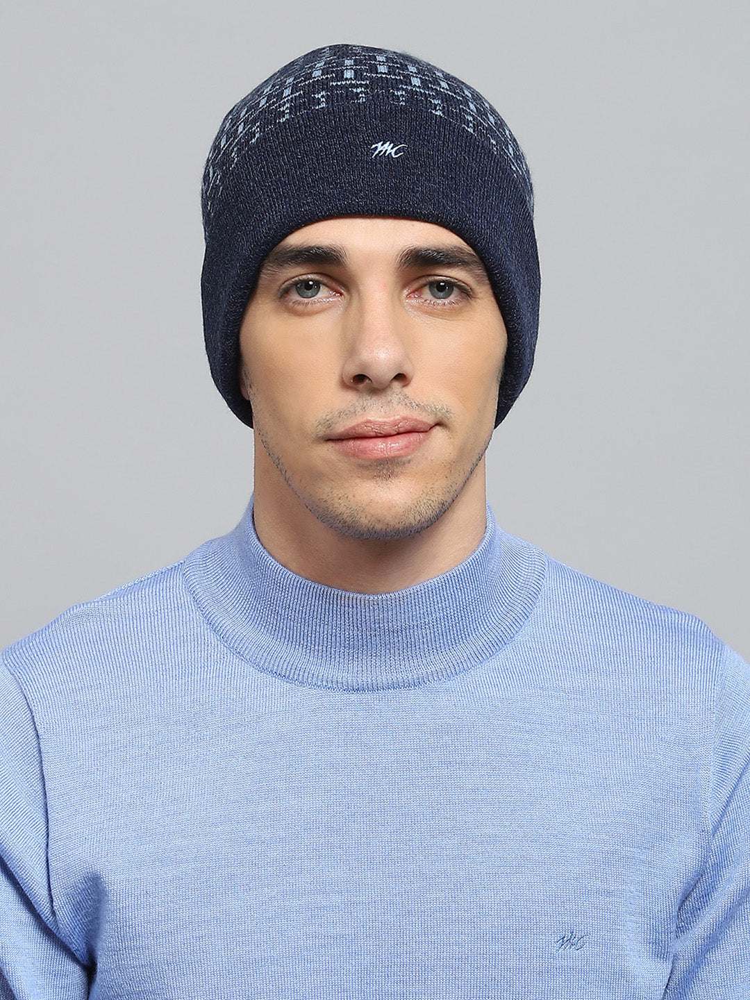 Men Navy Blue Self Design Cap