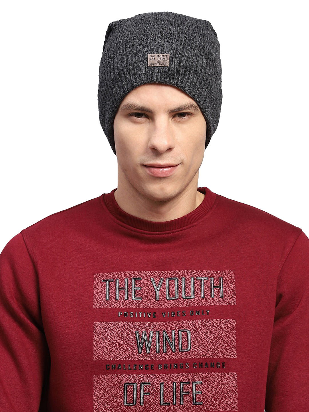 Men Grey Self Design Blend Wool Cap