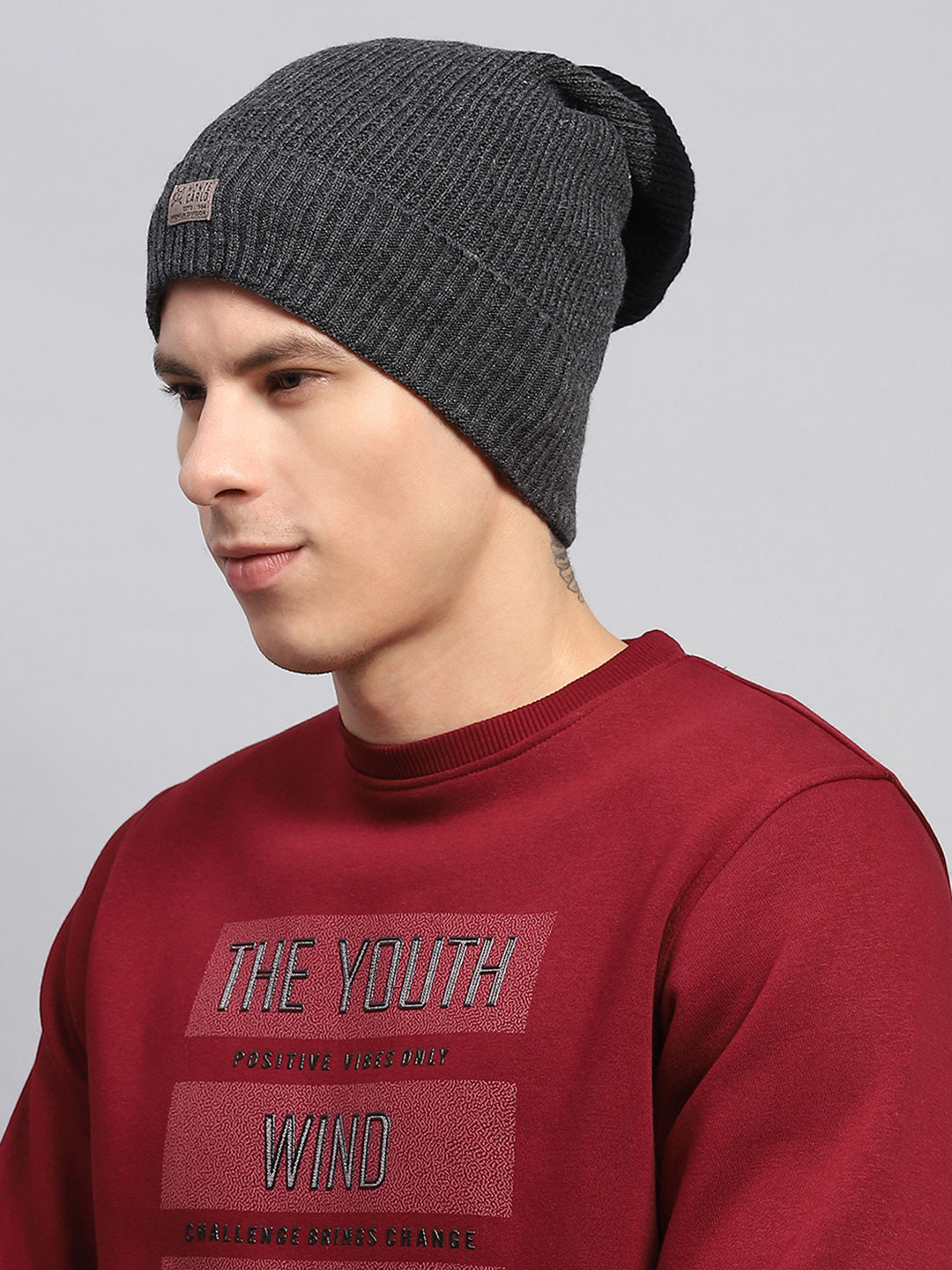 Men Grey Self Design Blend Wool Cap
